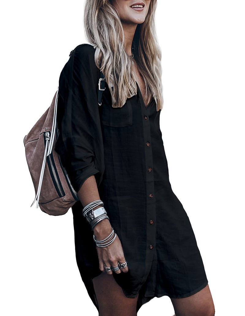 Zoye Chen Womenâ€™s Swimsuit Cover up,Silky Button Down Shirt Midi Dress Kimono,Summer Bathing Suit Beach Coverups for Women (CP-Aline) (Black, Medium) - Image 1